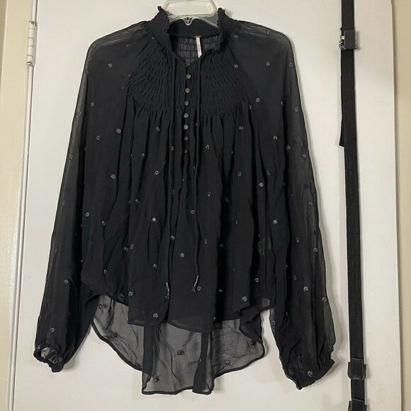 Free People Ready to Run Black Chiffon Boho sheer Long sleeve Top XS - Picture 2 of 7